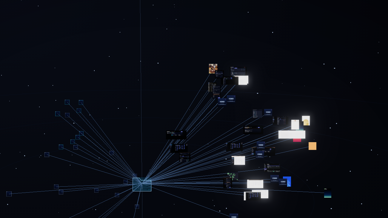 Nora's vault: a root node radiating out to file thumbnails — code, text, images and video — suspended in space.